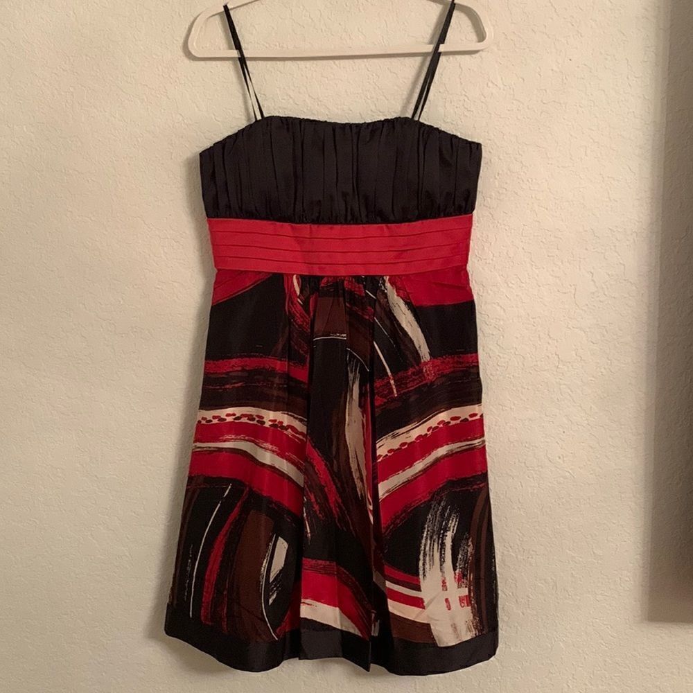 Max & Cleo Black, Red and Brown Strapless Fit-and-Flare Dress